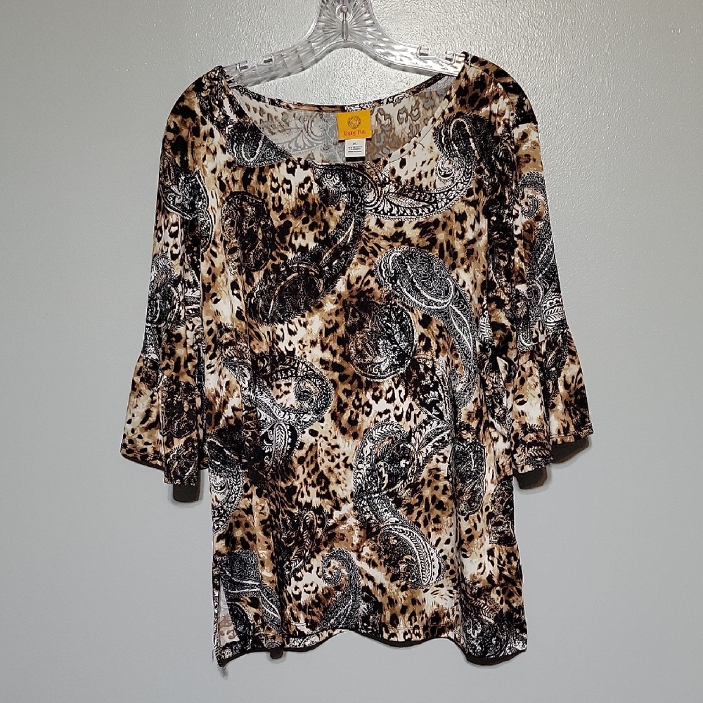 Ruby Rd. Animal Paisley Print Bell 3/4 Sleeve Womens Top Shirt Blouse Sz XL
